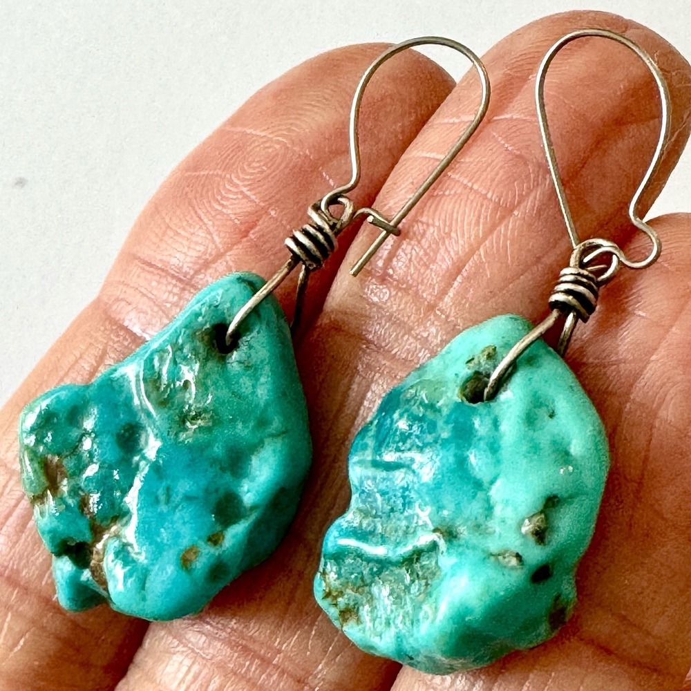 VTG Navajo Earrings Nugget Slab Turquoise Dangle Sterling Native American